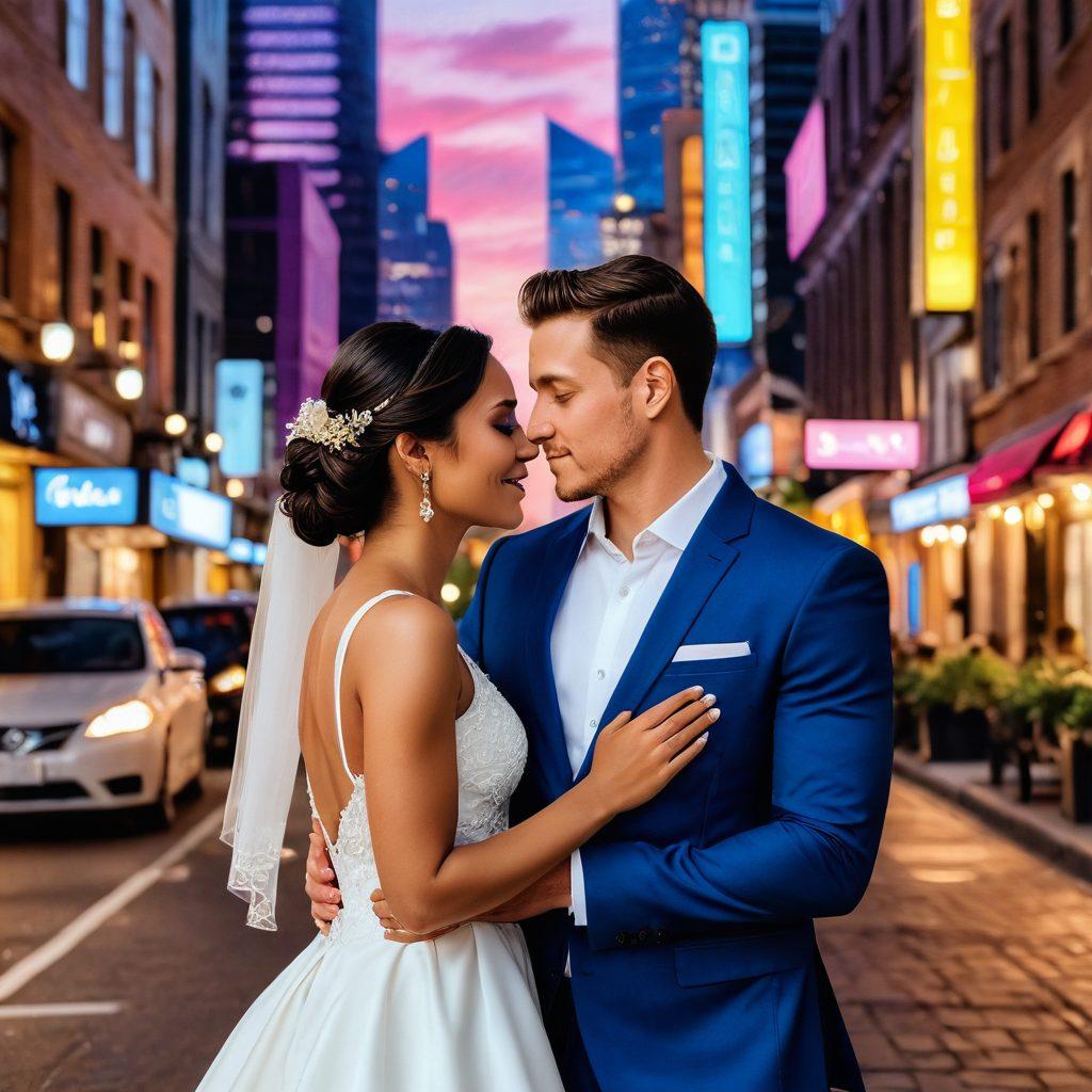 A couple's journey depicted through various stages: from swiping on dating apps, enjoying romantic dates, experiencing memorable moments, to a beautiful wedding ceremony. The background transitions smoothly through vibrant cityscapes, cozy cafes, and a stunning wedding venue. super-realistic. vibrant colors. romantic ambiance.