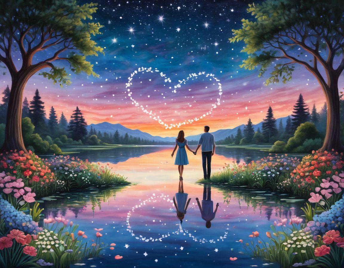 A couple holding hands, gazing lovingly at each other under a twilight sky with glowing stars. Surround them with delicate, illustrated elements like hearts, flowers, and intertwined rings symbolizing love, commitment, and companionship. Include a serene landscape in the background, such as a tranquil lake or a blossoming garden. painting. vibrant colors. whimsical style.